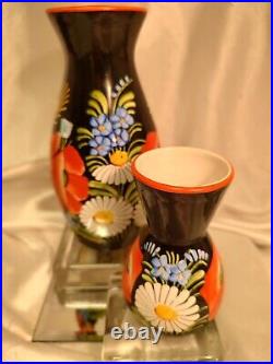 Vintage Czech peasant art pottery set of 2 black chodavia excellent condition
