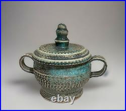 Vintage Handmade Gray/Turquoise Ceramic Lidded Vessel by Marthe Delacroix RARE