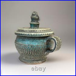 Vintage Handmade Gray/Turquoise Ceramic Lidded Vessel by Marthe Delacroix RARE