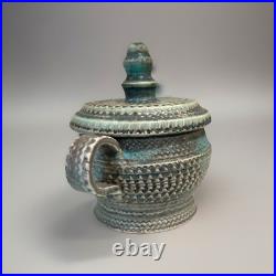 Vintage Handmade Gray/Turquoise Ceramic Lidded Vessel by Marthe Delacroix RARE
