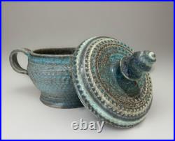 Vintage Handmade Gray/Turquoise Ceramic Lidded Vessel by Marthe Delacroix RARE