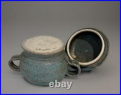 Vintage Handmade Gray/Turquoise Ceramic Lidded Vessel by Marthe Delacroix RARE