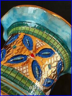 Vintage Italian Mario Sambuco hand decorated ceramic gilded vase, 13.25 inches