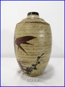 Vintage JAPANESE ART POTTERY VASE Black Bird 10 CERAMIC Stoneware MCM Ikebana