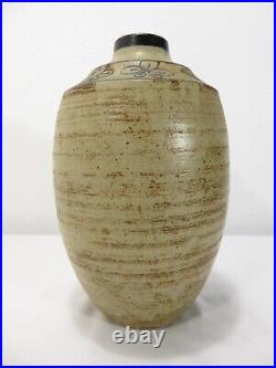 Vintage JAPANESE ART POTTERY VASE Black Bird 10 CERAMIC Stoneware MCM Ikebana
