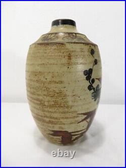Vintage JAPANESE ART POTTERY VASE Black Bird 10 CERAMIC Stoneware MCM Ikebana
