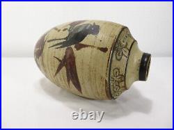 Vintage JAPANESE ART POTTERY VASE Black Bird 10 CERAMIC Stoneware MCM Ikebana