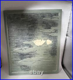 Vintage LARGE Ceramic Art Pottery Water Lily Ceramic Tile 7x8 Signed Frey 2000