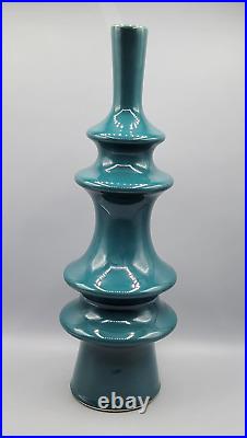 Vintage Large Art Pottery Vase Teal Green Handmade Painted Ceramic Signed