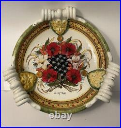 Vintage Leona Italia Art Pottery Hand Painted Serving Platter Handles Signed 12