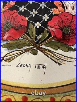 Vintage Leona Italia Art Pottery Hand Painted Serving Platter Handles Signed 12