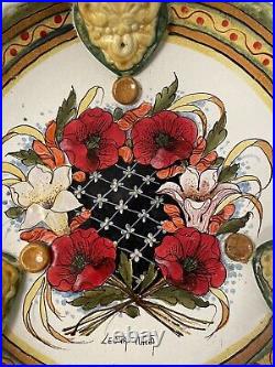 Vintage Leona Italia Art Pottery Hand Painted Serving Platter Handles Signed 12