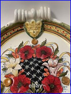 Vintage Leona Italia Art Pottery Hand Painted Serving Platter Handles Signed 12