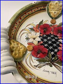 Vintage Leona Italia Art Pottery Hand Painted Serving Platter Handles Signed 12