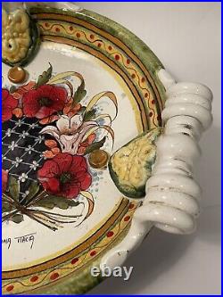 Vintage Leona Italia Art Pottery Hand Painted Serving Platter Handles Signed 12