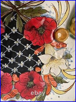 Vintage Leona Italia Art Pottery Hand Painted Serving Platter Handles Signed 12