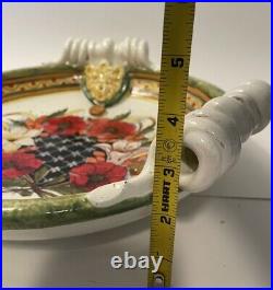 Vintage Leona Italia Art Pottery Hand Painted Serving Platter Handles Signed 12