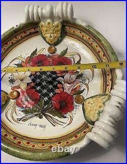 Vintage Leona Italia Art Pottery Hand Painted Serving Platter Handles Signed 12