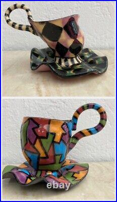 Vintage Lot 2 cups saucers 90s Jane Pate Signed Art Pottery Ceramic Sculpture