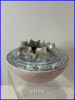 Vintage Lusterware Vase Bowl Hand Formed Pink Blue Gold Glazed Scalloped Rim