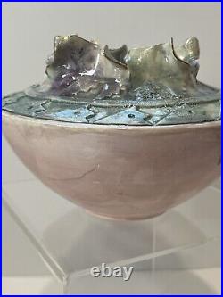 Vintage Lusterware Vase Bowl Hand Formed Pink Blue Gold Glazed Scalloped Rim