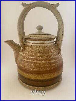 Vintage MCM Signed Glazed Ceramic Stoneware Clay Teapot Studio Art Pottery 9.5