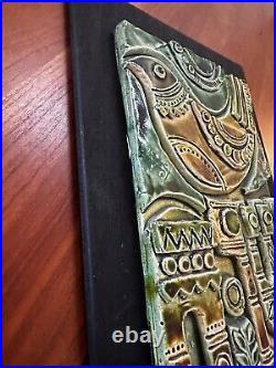 Vintage MID Century Ceramic Art Tile Sculpture Bird Geometric Motif Signed