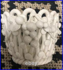 Vintage MID Century Italian Art Pottery Open Weave White Ceramic Basket W Grapes