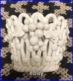 Vintage MID Century Italian Art Pottery Open Weave White Ceramic Basket W Grapes