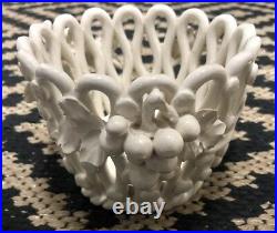 Vintage MID Century Italian Art Pottery Open Weave White Ceramic Basket W Grapes