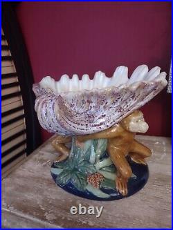 Vintage Majolica Ceramic Art Pottery Monkey Sea Shell Centerpiece 8 By 12