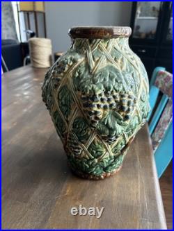 Vintage Majolica Grape Vine Leaves Trellis Ceramic Art Pottery Vase Signed