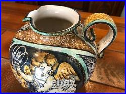 Vintage Majolica Italy Art Pottery Handpainted Cherub Angel Jug Pitcher, 8 Tall