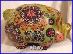 Vintage Mexican Pottery PIGGY BANK 11 Psychedelic Painted HIPPIE Flower Art