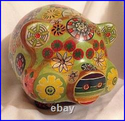 Vintage Mexican Pottery PIGGY BANK 11 Psychedelic Painted HIPPIE Flower Art