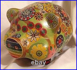 Vintage Mexican Pottery PIGGY BANK 11 Psychedelic Painted HIPPIE Flower Art