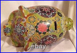 Vintage Mexican Pottery PIGGY BANK 11 Psychedelic Painted HIPPIE Flower Art