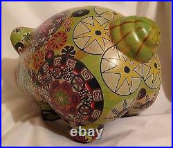 Vintage Mexican Pottery PIGGY BANK 11 Psychedelic Painted HIPPIE Flower Art
