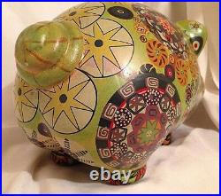 Vintage Mexican Pottery PIGGY BANK 11 Psychedelic Painted HIPPIE Flower Art
