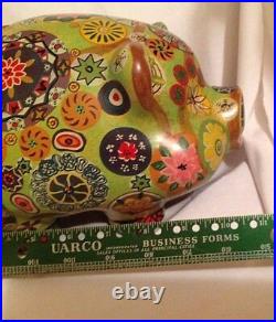 Vintage Mexican Pottery PIGGY BANK 11 Psychedelic Painted HIPPIE Flower Art