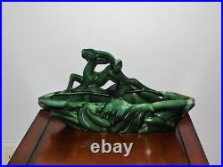 Vintage Mid Century Green Glazed Ceramic Gazelle Double Planter Art Pottery Vase