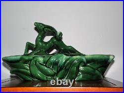 Vintage Mid Century Green Glazed Ceramic Gazelle Double Planter Art Pottery Vase