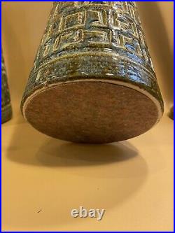 Vintage Mid Century Pair Incised Art Pottery Ceramic Drip Glaze Green Blue Lamps
