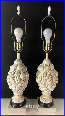 Vintage Pair Fruit Topiary Art Pottery Lamps White 21.5 50's-60's Ceramic