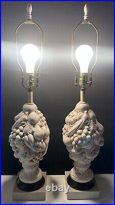 Vintage Pair Fruit Topiary Art Pottery Lamps White 21.5 50's-60's Ceramic