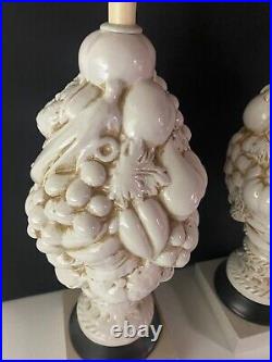 Vintage Pair Fruit Topiary Art Pottery Lamps White 21.5 50's-60's Ceramic