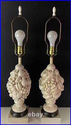 Vintage Pair Fruit Topiary Art Pottery Lamps White 21.5 50's-60's Ceramic