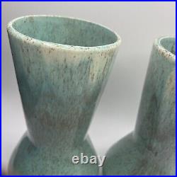 Vintage Pottery Art Ceramic Vase Lot Of 2 Weathered Bronze Turquoise Glazed Blue