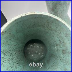 Vintage Pottery Art Ceramic Vase Lot Of 2 Weathered Bronze Turquoise Glazed Blue