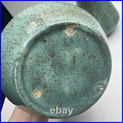 Vintage Pottery Art Ceramic Vase Lot Of 2 Weathered Bronze Turquoise Glazed Blue